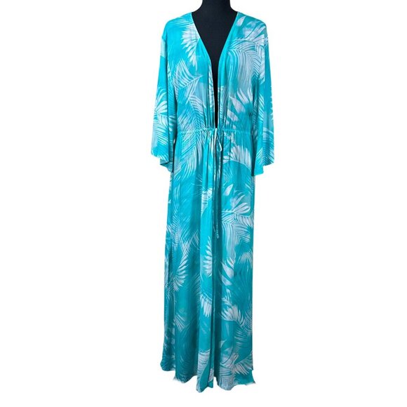 Jantzen NWT Teal Palm Print Tropical Beachy Maxi Duster Cover-Up Tall Size L - Picture 1 of 11